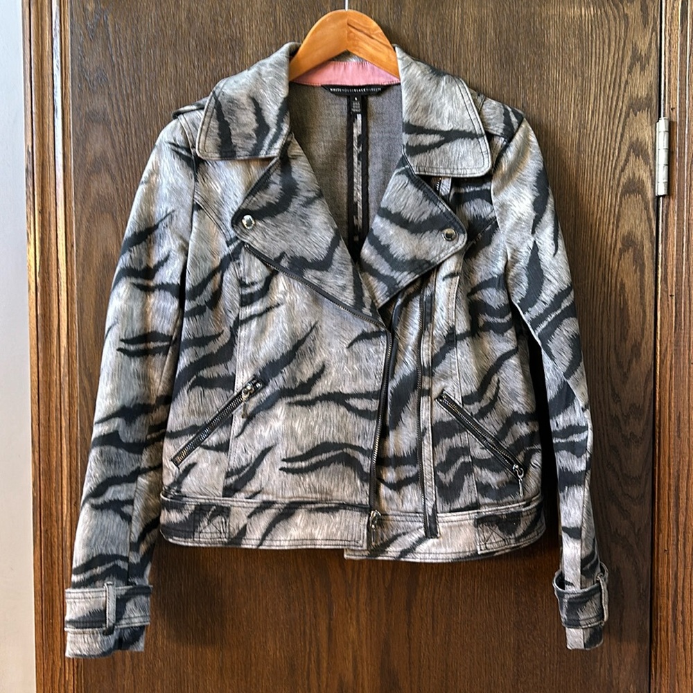 White House Black Market Gray/Black Stripe Moto Jacket. Size 8
